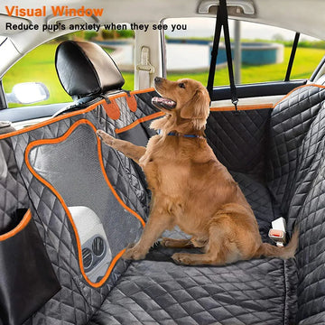 Black waterproof dog car hammock protecting a back seat