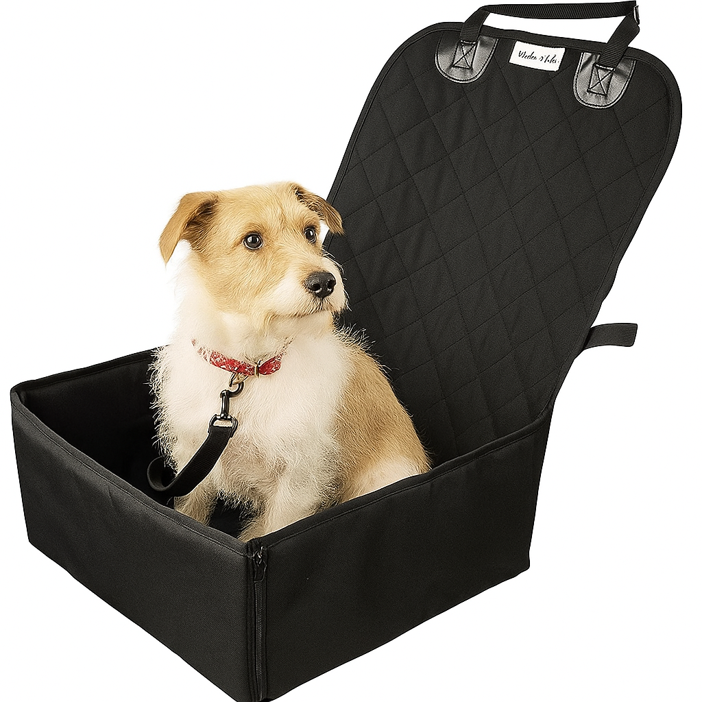 2-in-1 Dog Car Seat & Seat Cover – Waterproof Foldable Travel Booster Basket with Safety Leash for Small to Medium Dogs (Black)