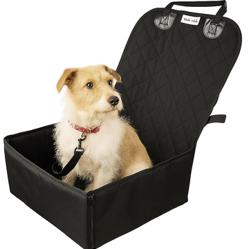 2-in-1 Dog Car Seat & Seat Cover – Waterproof Foldable Travel Booster Basket with Safety Leash for Small to Medium Dogs (Black)