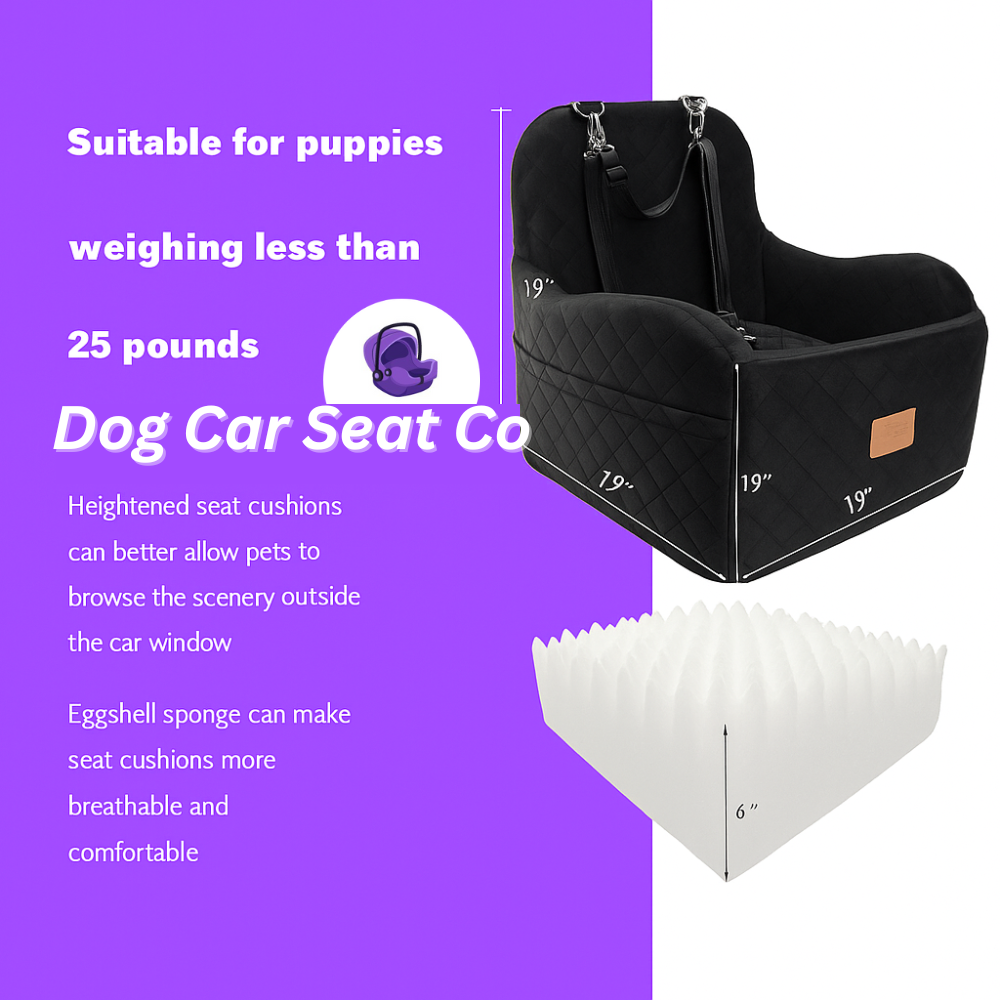 Dog Car Booster Seat for Small & Medium Dogs – Washable Portable Travel Bed with Safety Leash, Elevated Cushion & Storage Pockets (Black)