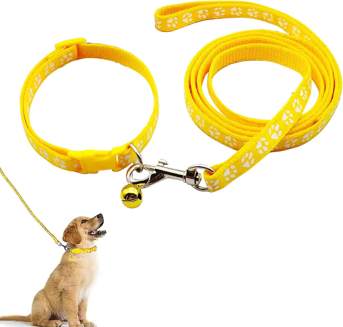 Yellow paw print puppy collar and lead set with bell