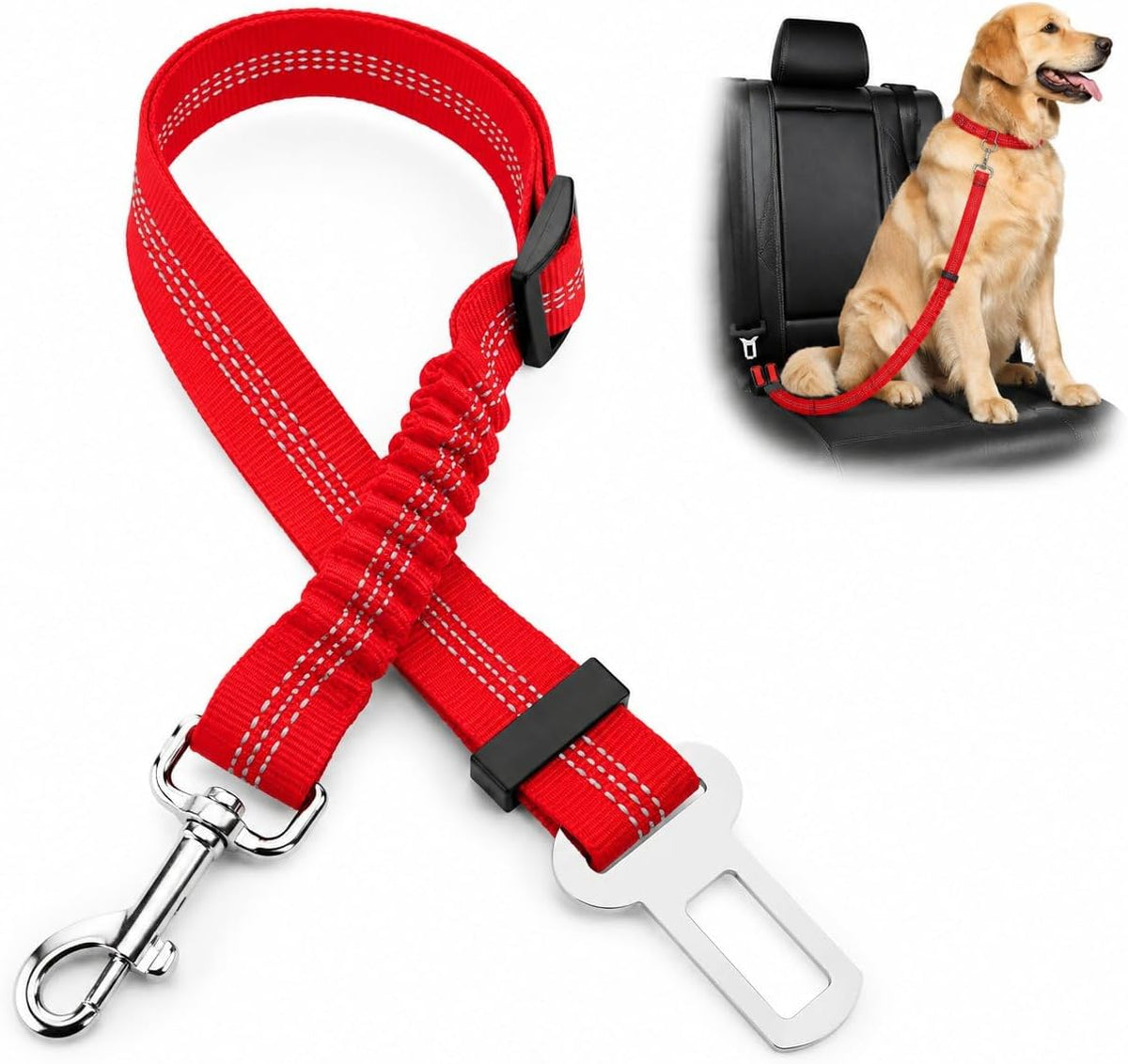 Red adjustable dog car seat belt with elastic bungee, shown with dog secured on rear seat