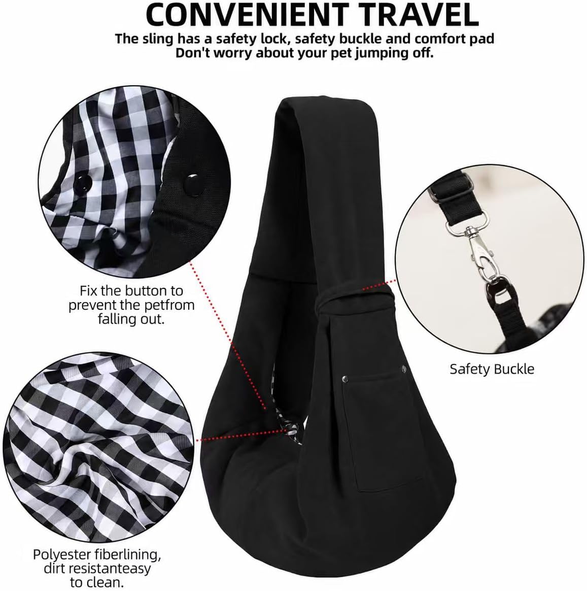Puppy sling showing the inner safety button, safety hook and reversible check lining