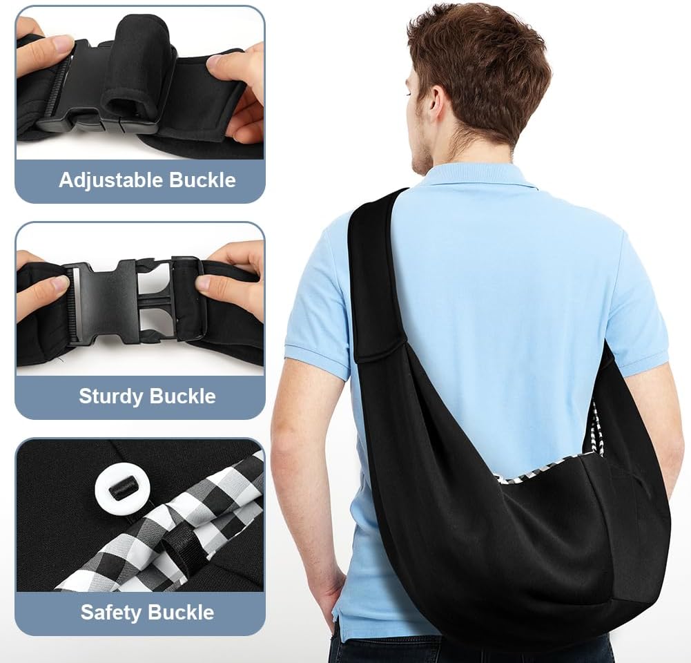 Adjustable buckle, sturdy buckle and safety strap on the dog sling