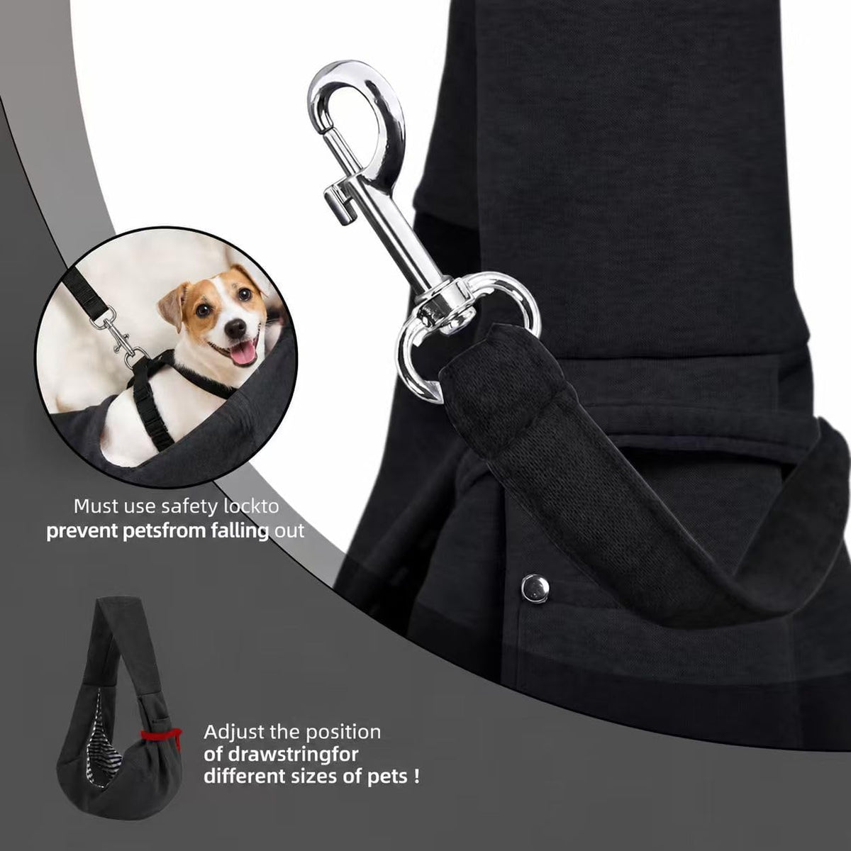 Adjustable safety hook inside the dog sling carrier