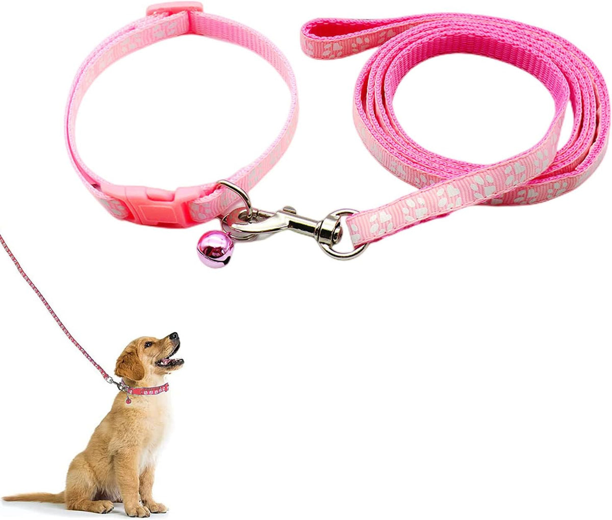 Pink paw print puppy collar and lead set with bell