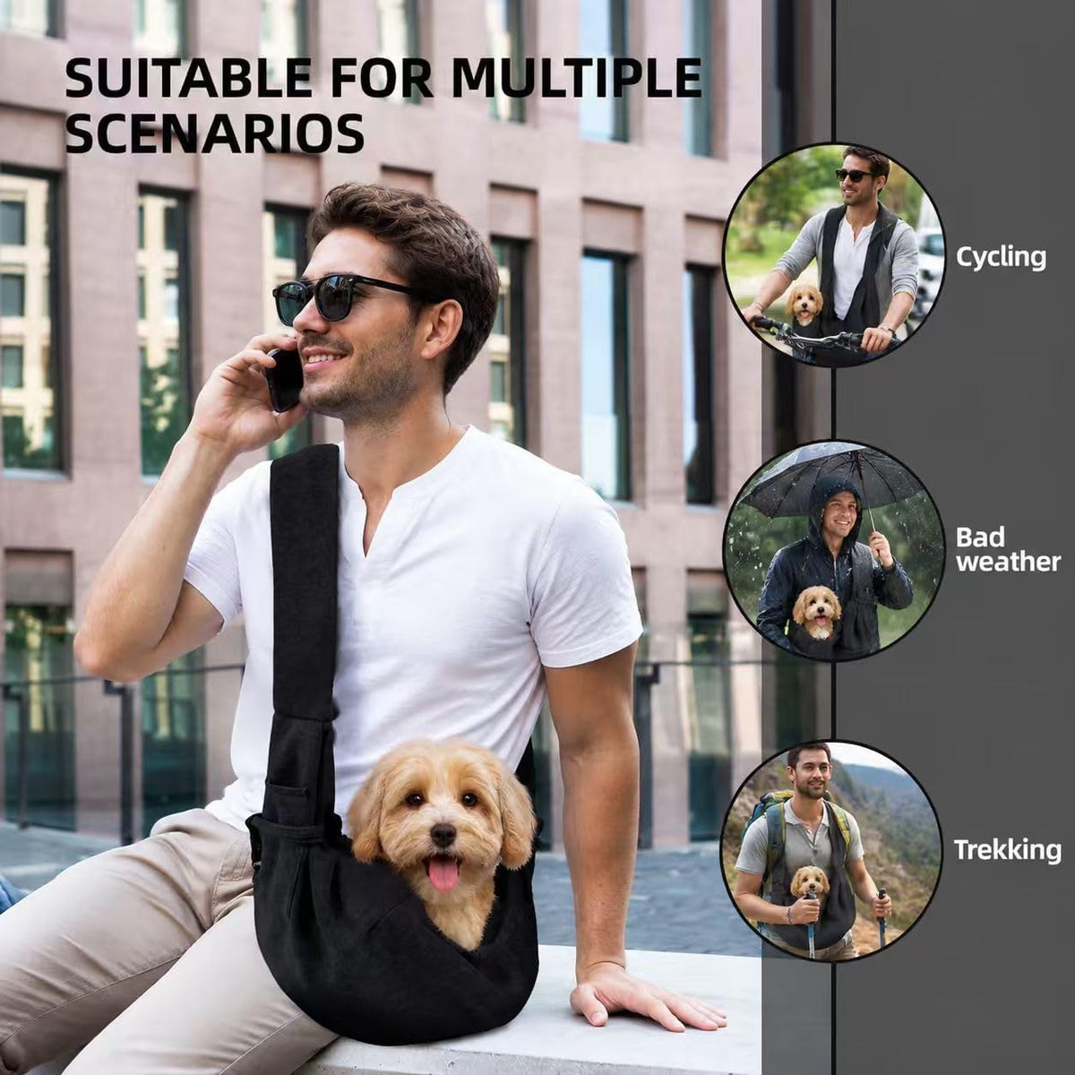 Man carrying a small dog in a hands free sling outdoors