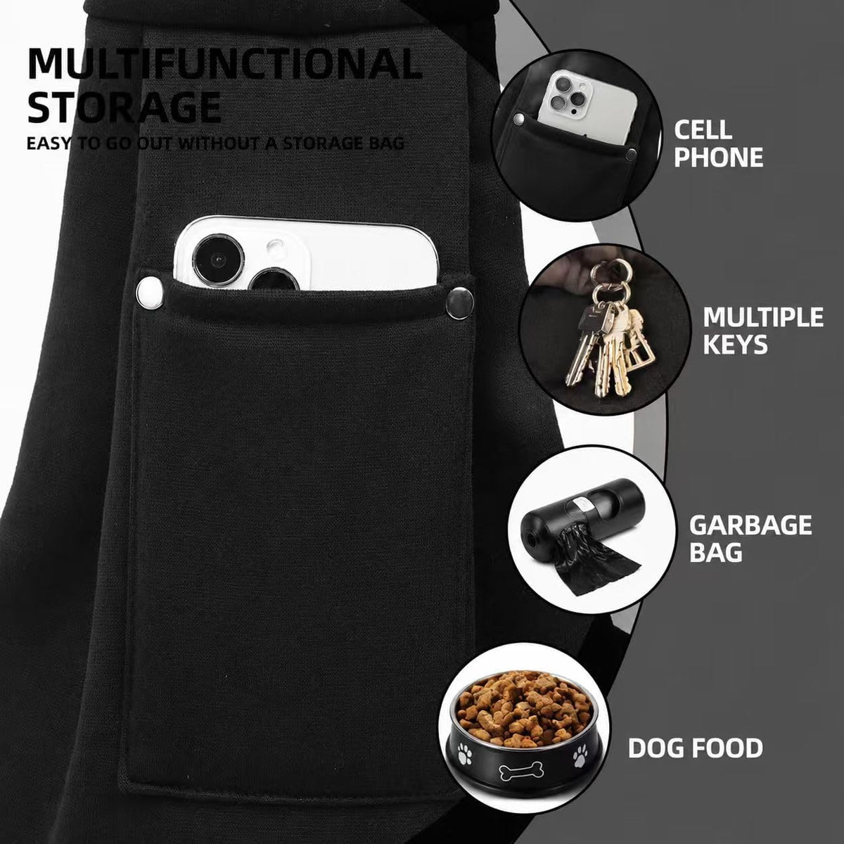 Puppy sling shoulder strap pocket holding a phone, keys and poo bags