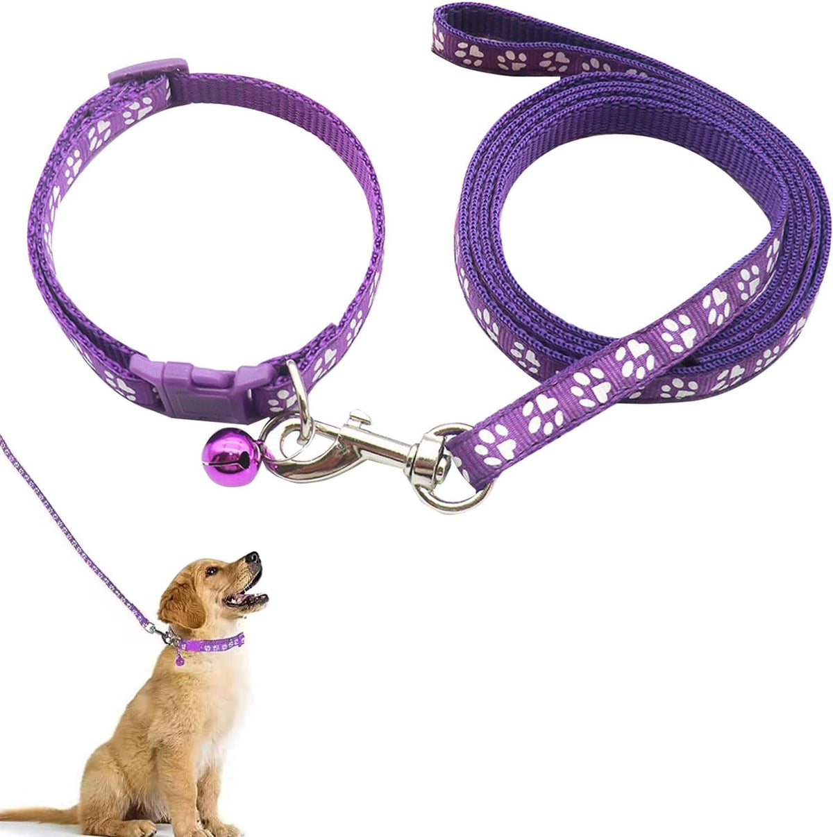 Purple paw print puppy collar and lead set with bell