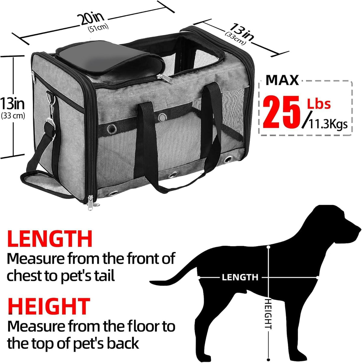 Grey pet carrier Large size guide 51 x 33 x 33 cm for pets up to 11.3 kg