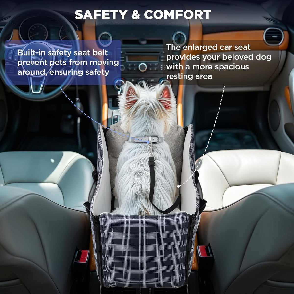 Built-in safety belt keeps dog secure in console seat