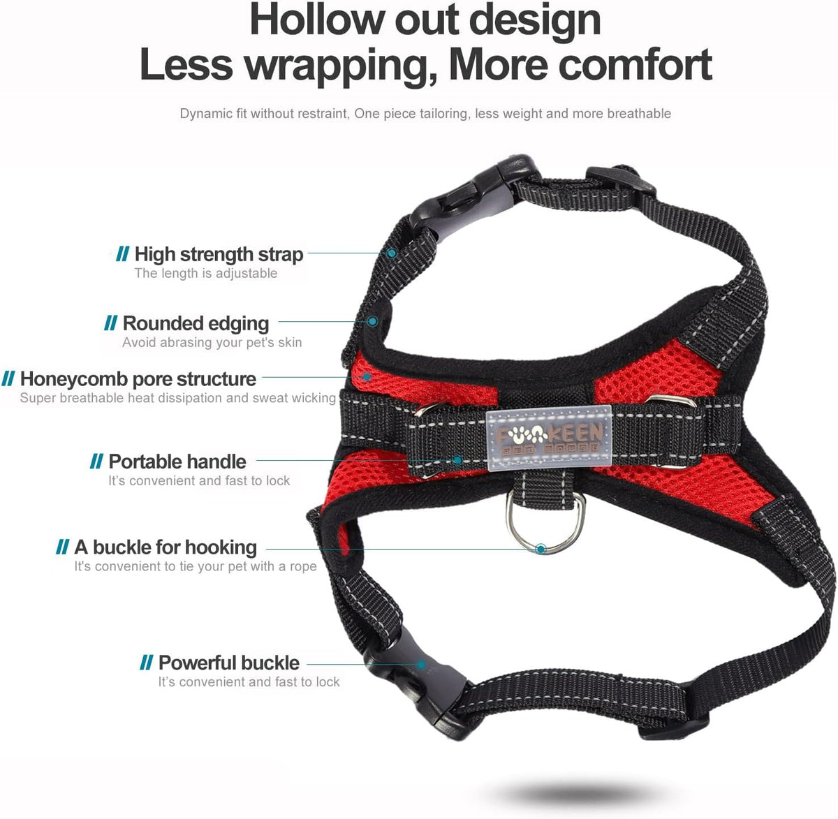 Red air mesh dog harness with reflective trim and back D-ring