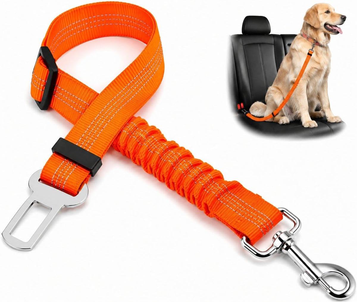 Orange adjustable dog car seat belt with elastic bungee, shown with dog secured on rear seat