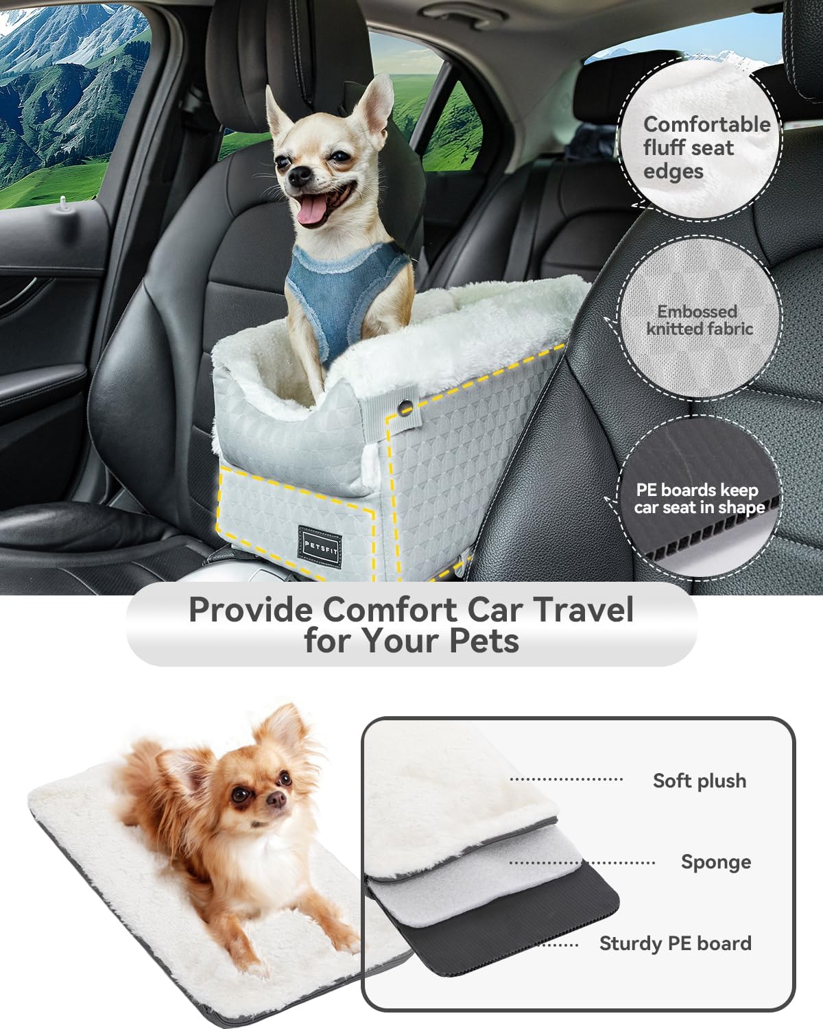 Light grey classic console dog seat with plush edges and sturdy PE board