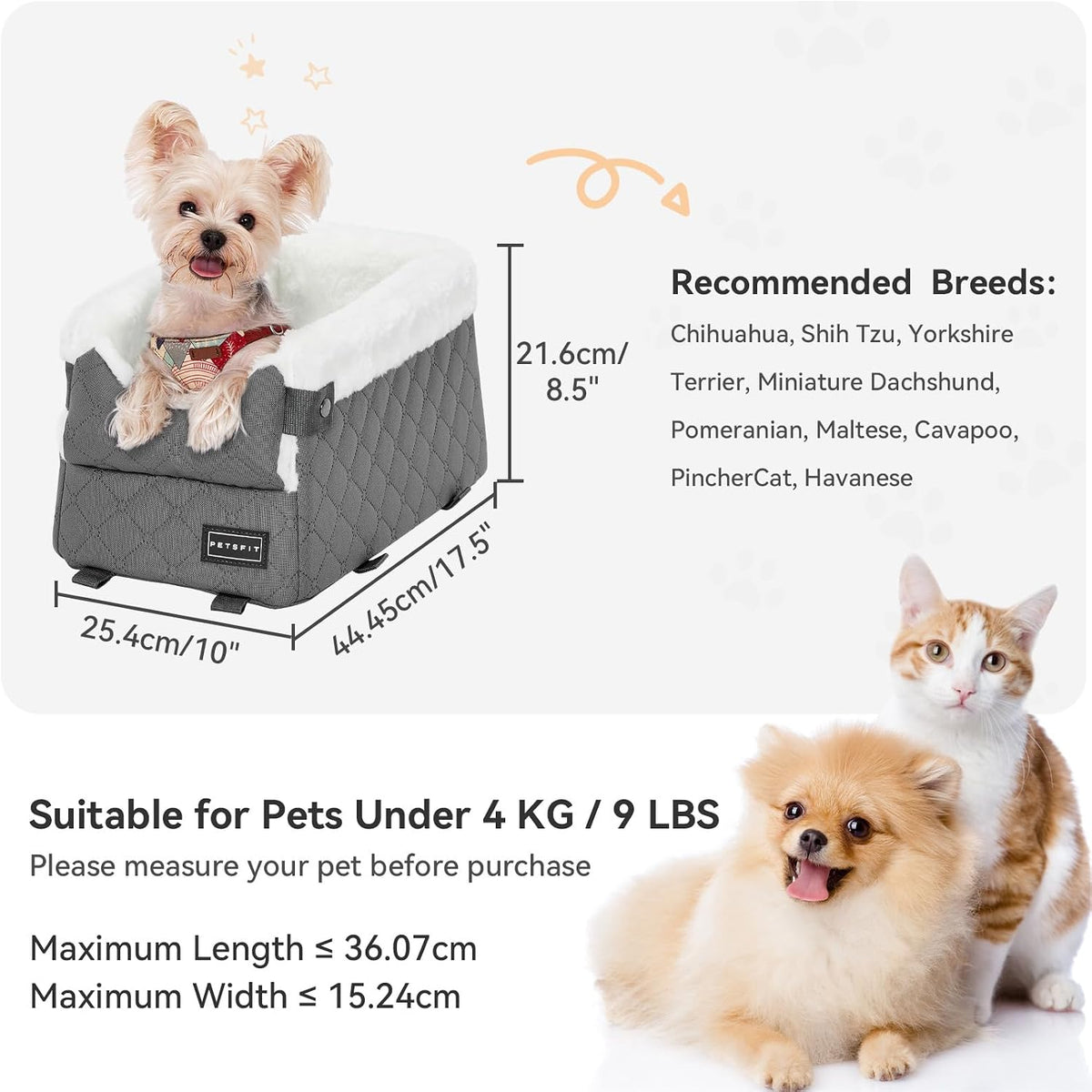Deep grey classic console dog seat size guide, pets under 4 kg