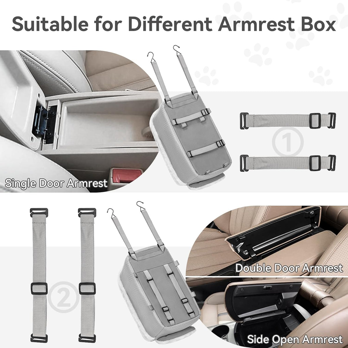 Grey leather console dog seat fits different armrest boxes with adjustable straps