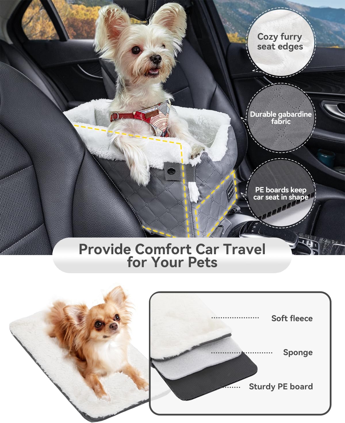 Deep grey classic console dog seat with plush edges and PE board support