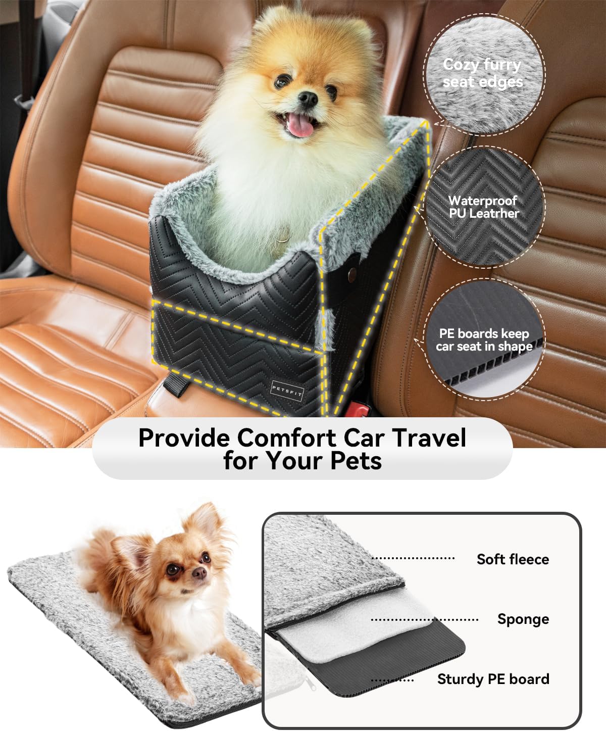 Black classic console dog seat cushion layers: soft fleece, sponge, sturdy board