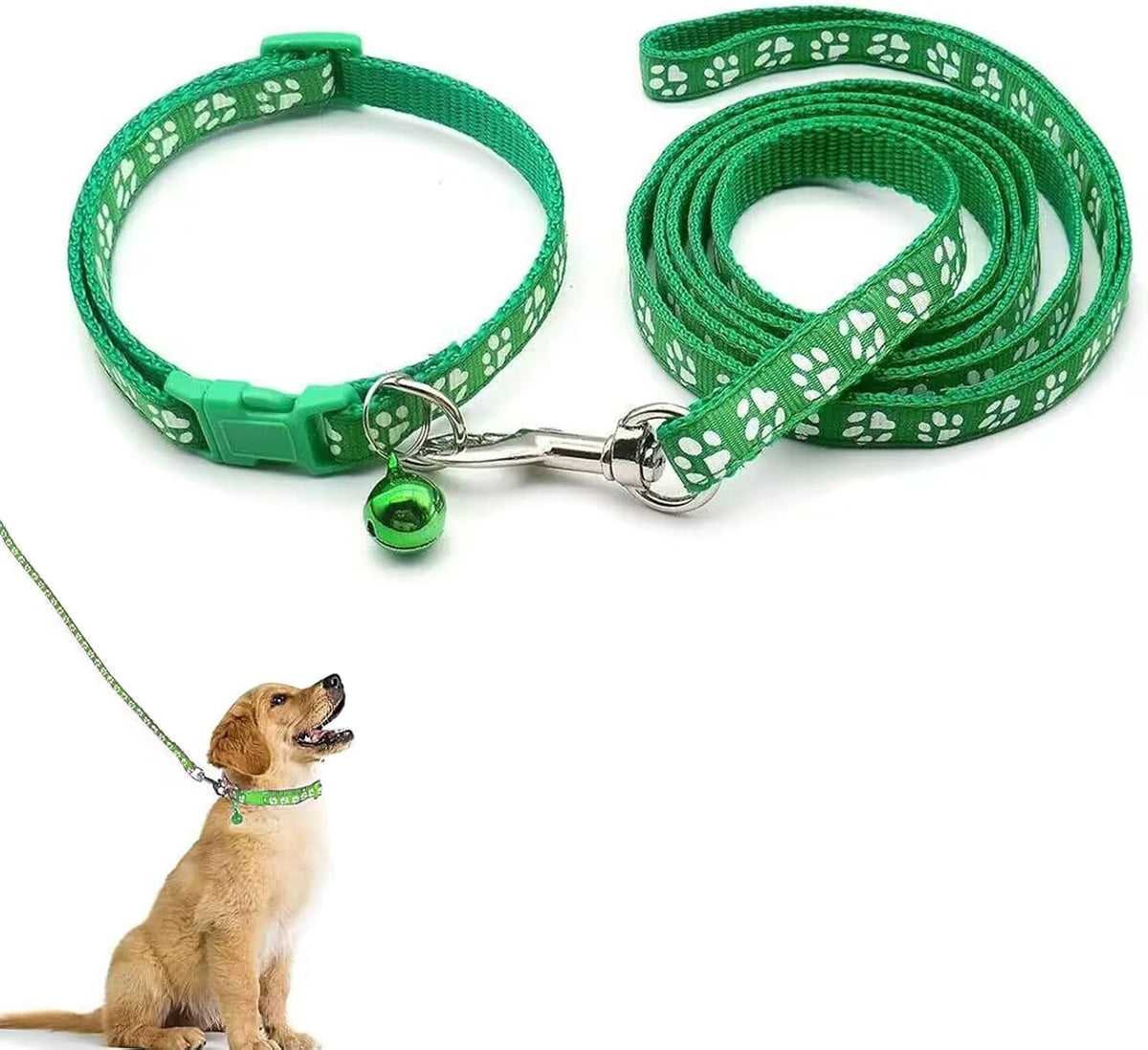 Green paw print puppy collar and lead set with bell