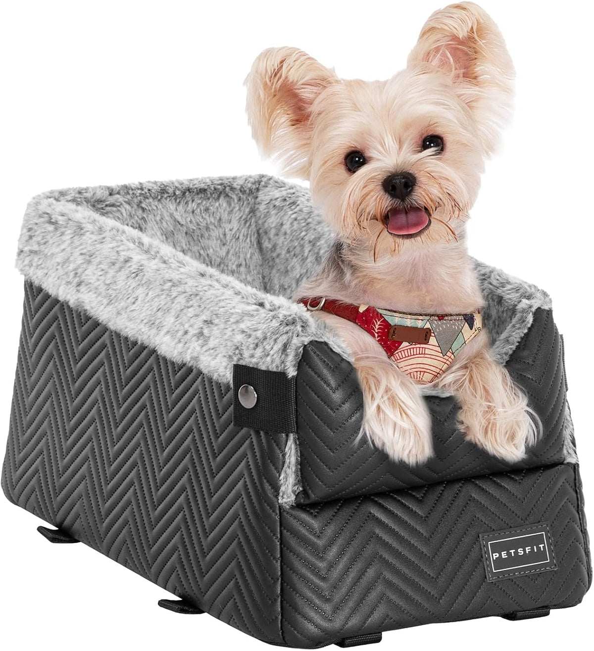 Black classic centre console dog car seat with small dog