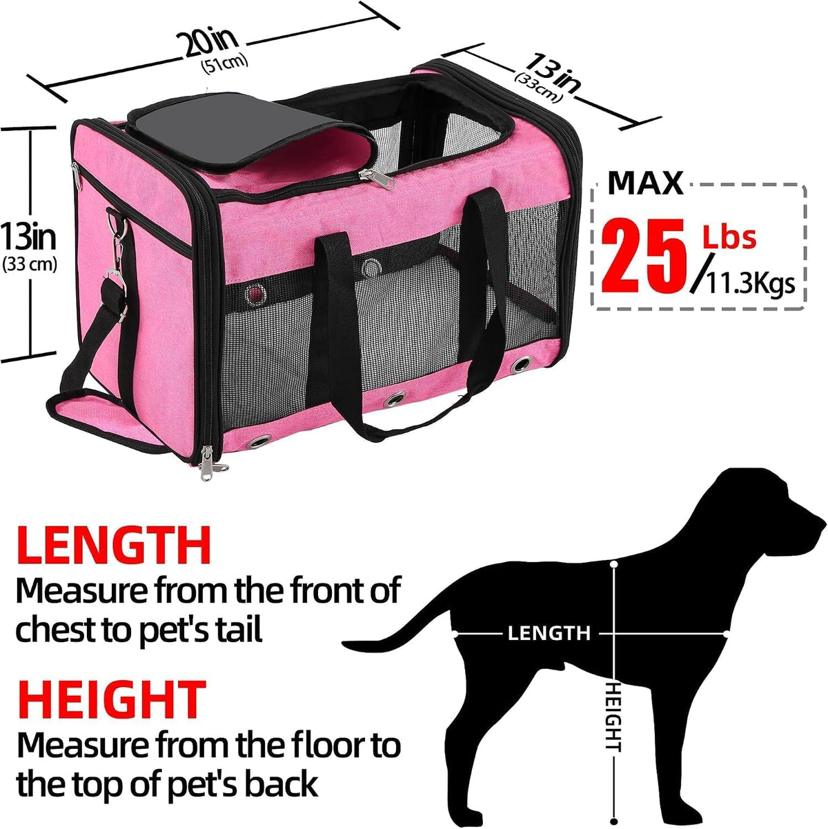 Pink pet carrier Large size guide 51 x 33 x 33 cm for pets up to 11.3 kg