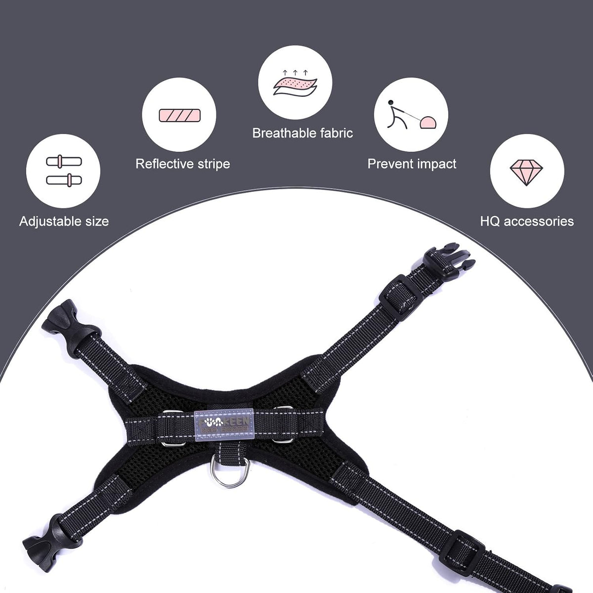 Black dog harness features – adjustable size, reflective stripes and D-ring