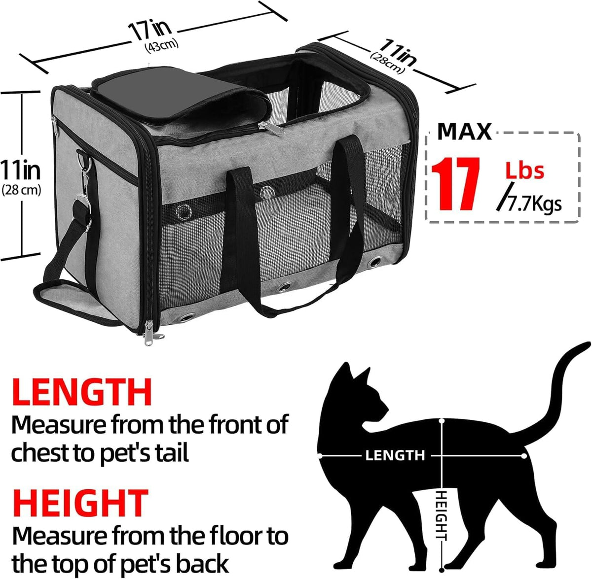 Grey pet carrier Medium size guide 43 x 28 x 28 cm for pets up to 7.7 kg