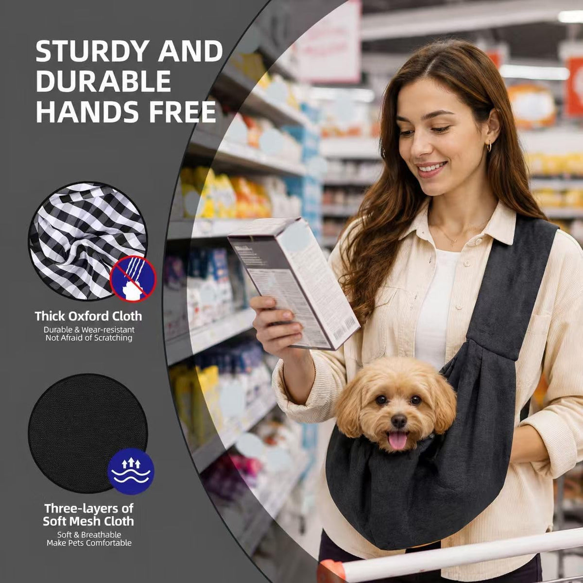 Woman shopping hands free with a small dog in a black pet sling