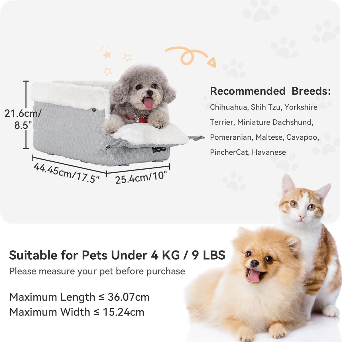 Light grey classic console dog seat size guide, pets under 4 kg