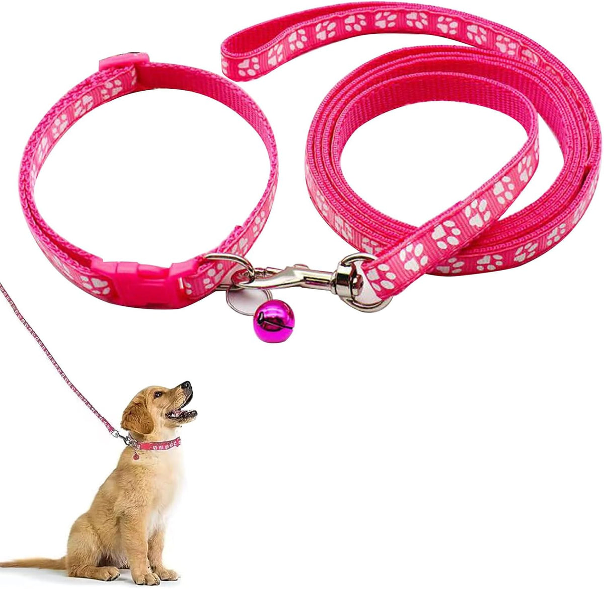 Rose red paw print puppy collar and lead set with bell