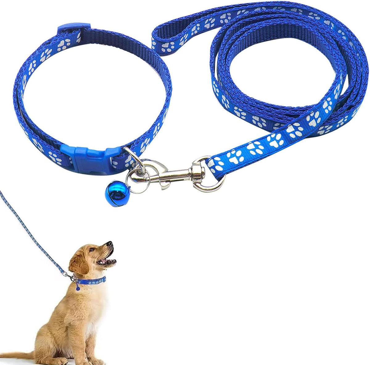 Blue paw print puppy collar and lead set with bell