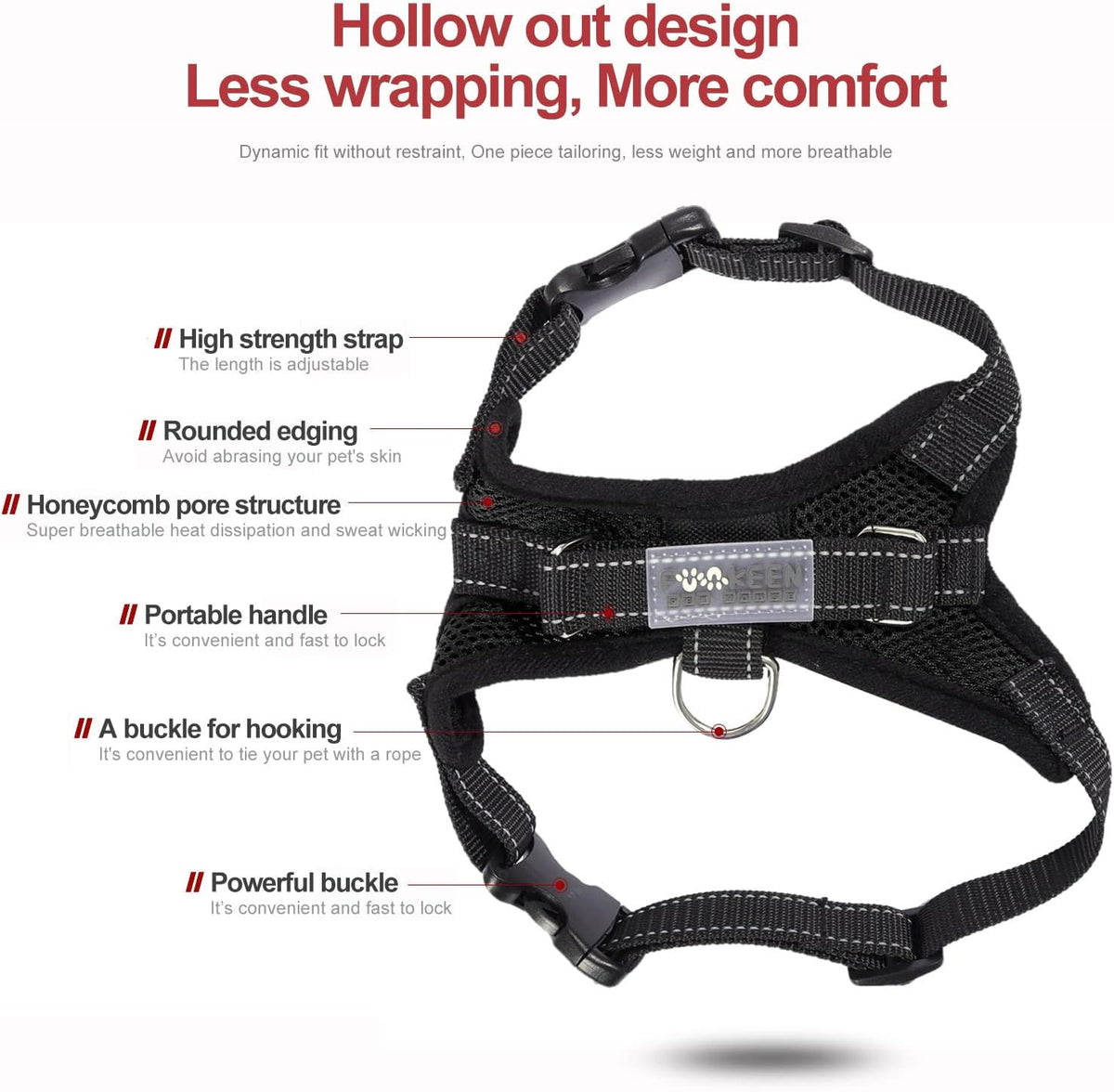 Black dog harness hollow-out design with stainless steel D-ring and buckles