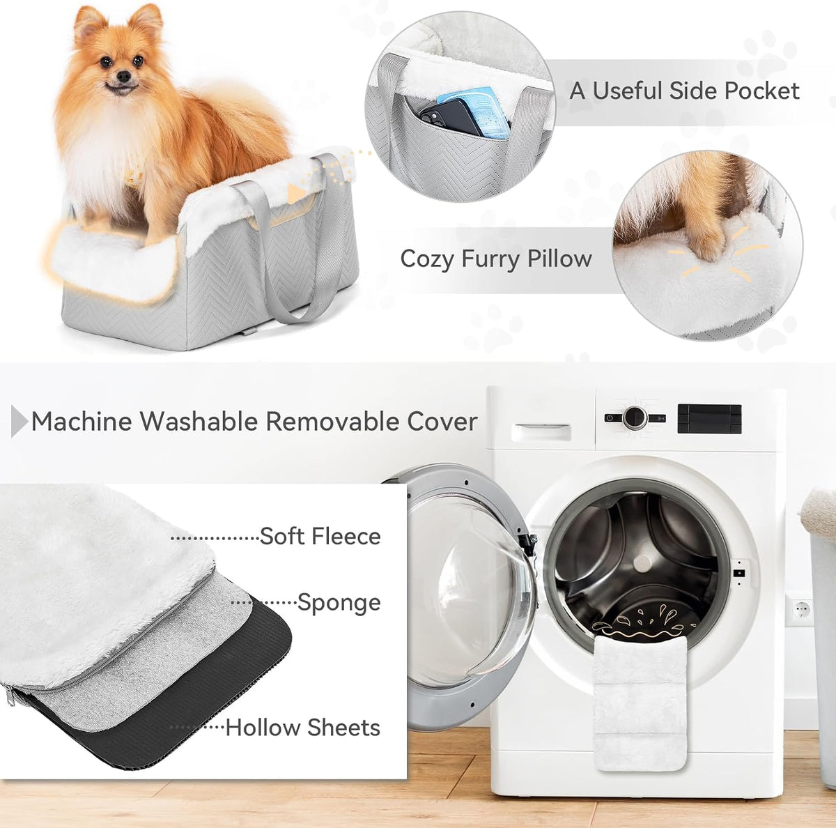 Grey leather console dog seat side pocket, fluffy pillow and machine washable cover