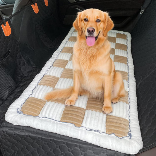 Soft thick dog car back seat bed mat in Light Coffee with golden retriever on rear seat