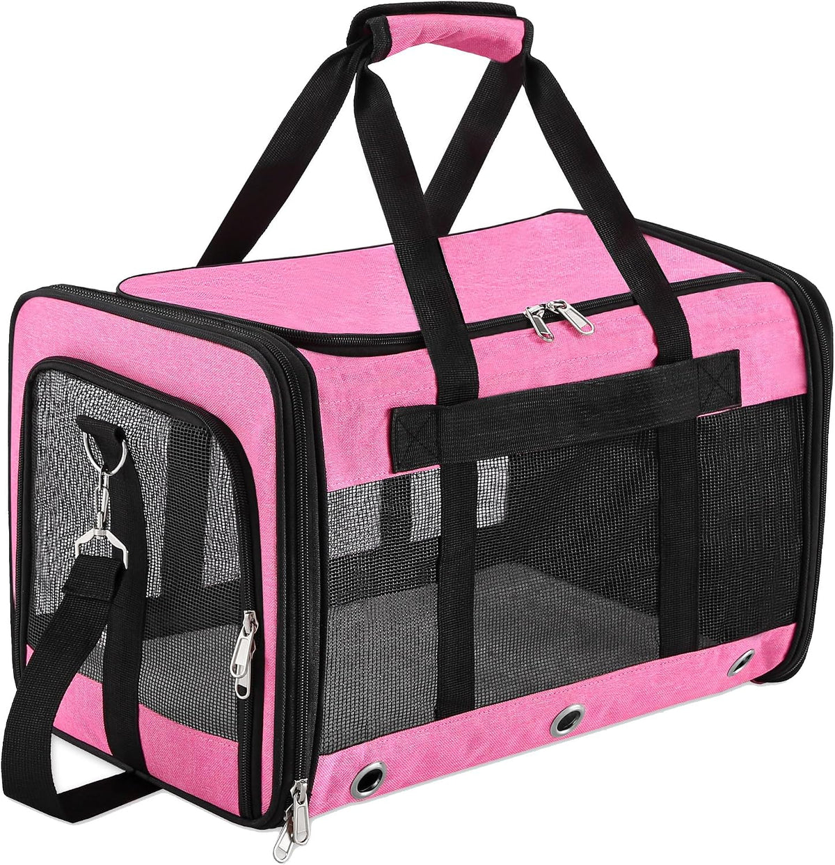 Pink foldable soft-sided pet carrier Large with breathable mesh windows