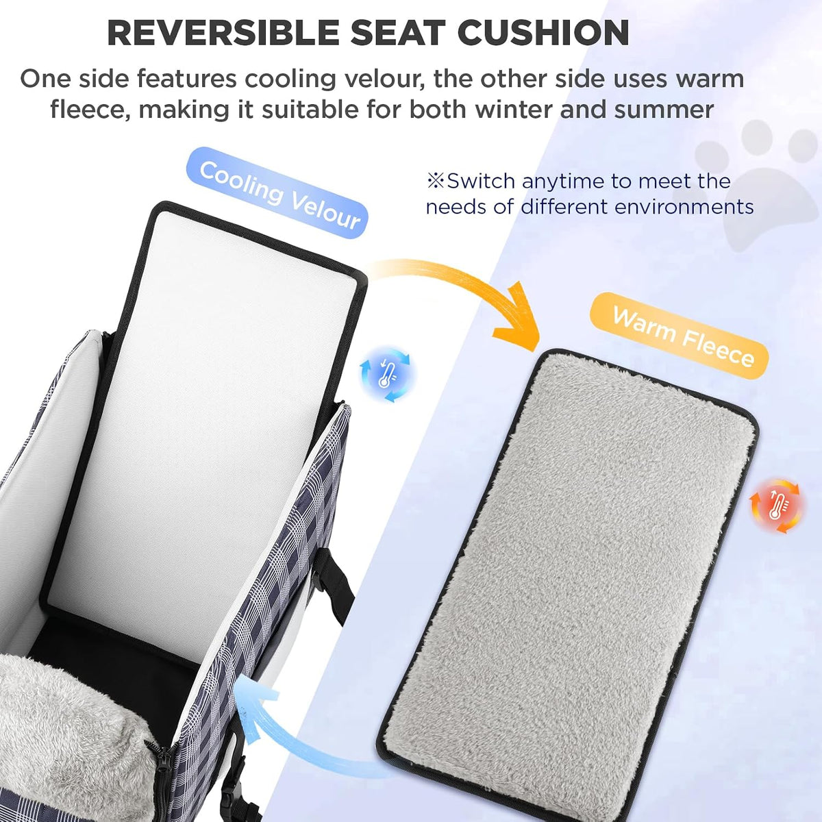 Reversible seat cushion with cooling velour and warm fleece sides