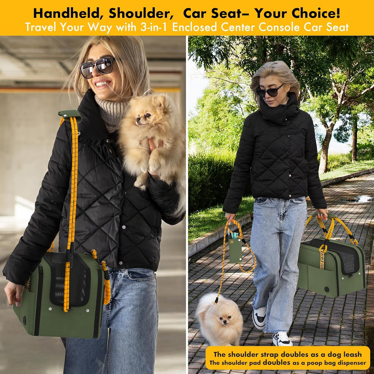 Forest Green pet carrier used handheld or with shoulder strap as a lead