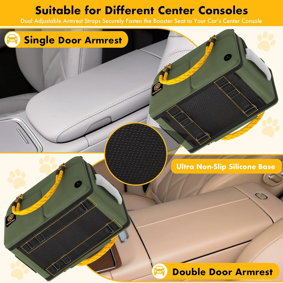 Forest Green console dog seat fits single and double door armrests with non-slip silicone base