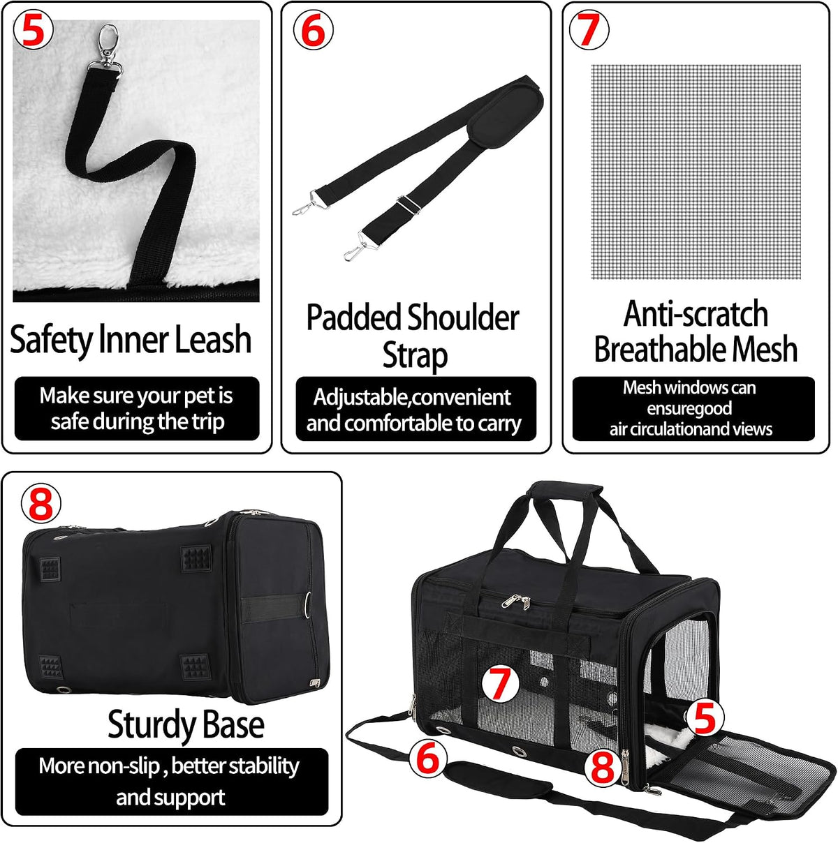 Pet carrier safety inner leash, padded shoulder strap, anti-scratch mesh and sturdy base