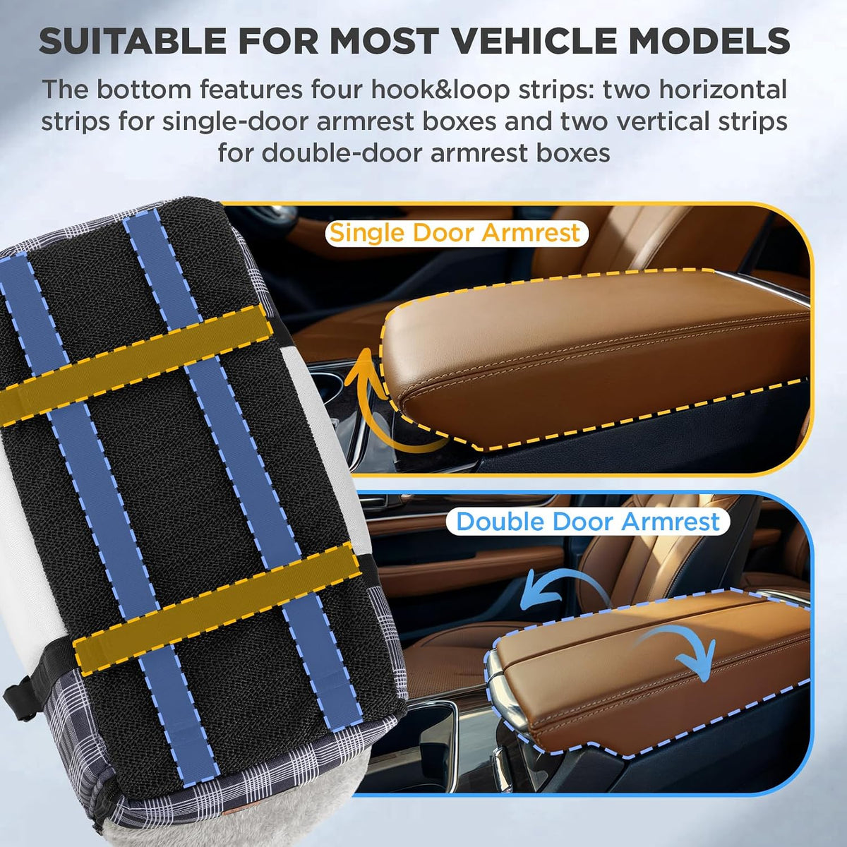 Hook-and-loop strips fit single and double door armrest boxes