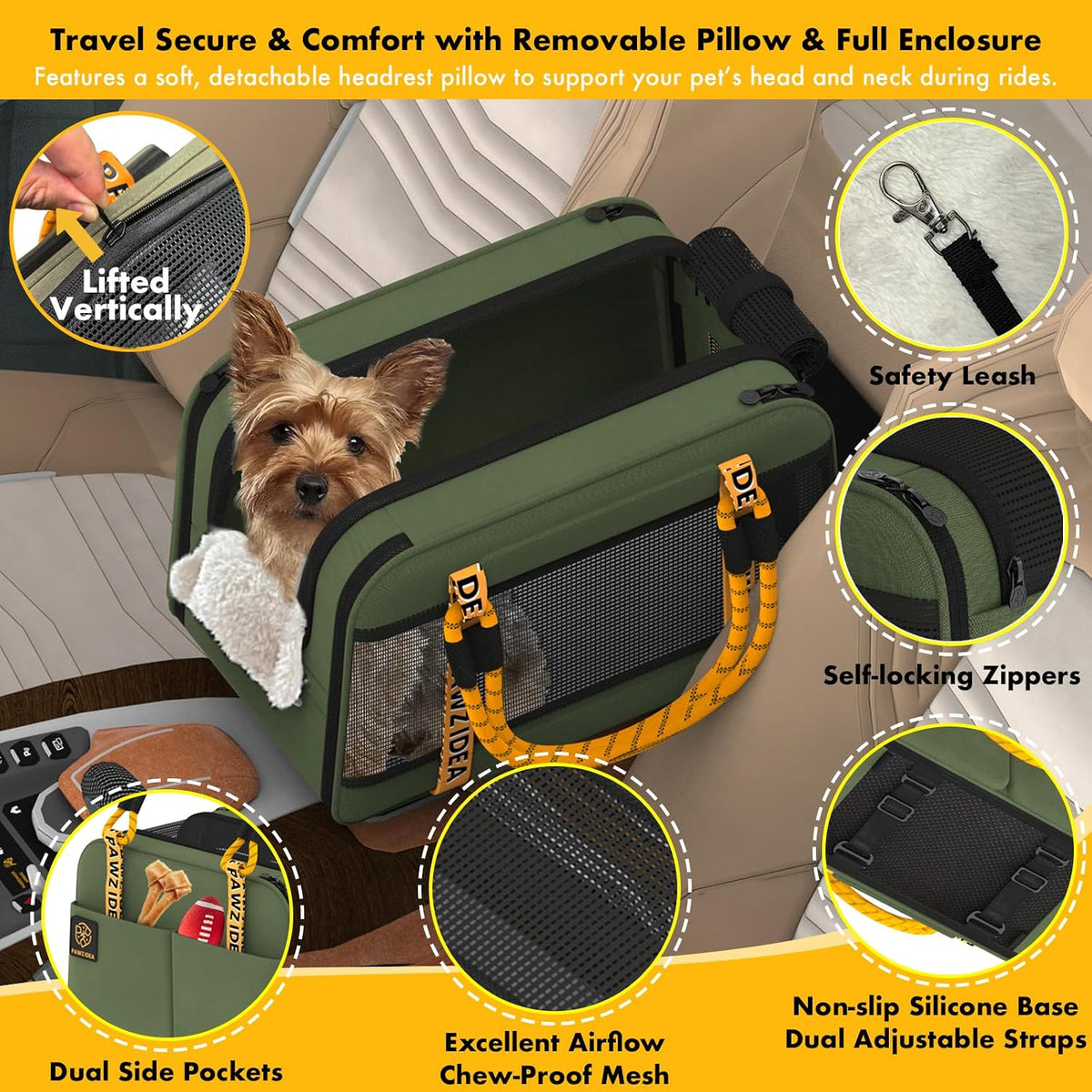 Forest Green console dog seat features: safety leash, self-locking zippers, side pockets, chew-proof mesh