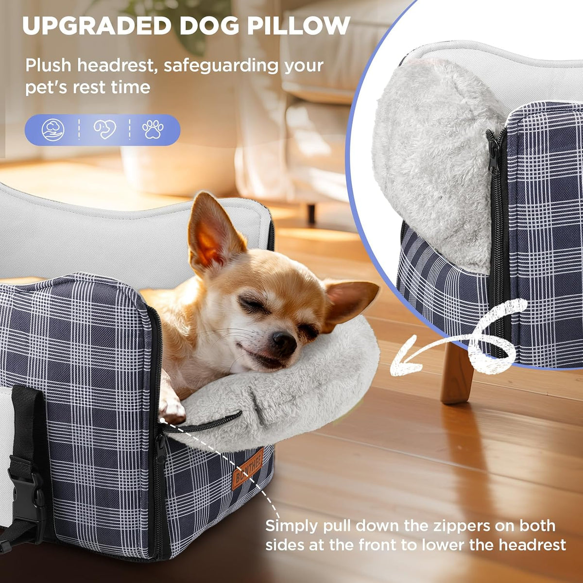 Blue plaid console dog seat with padded pillow edge