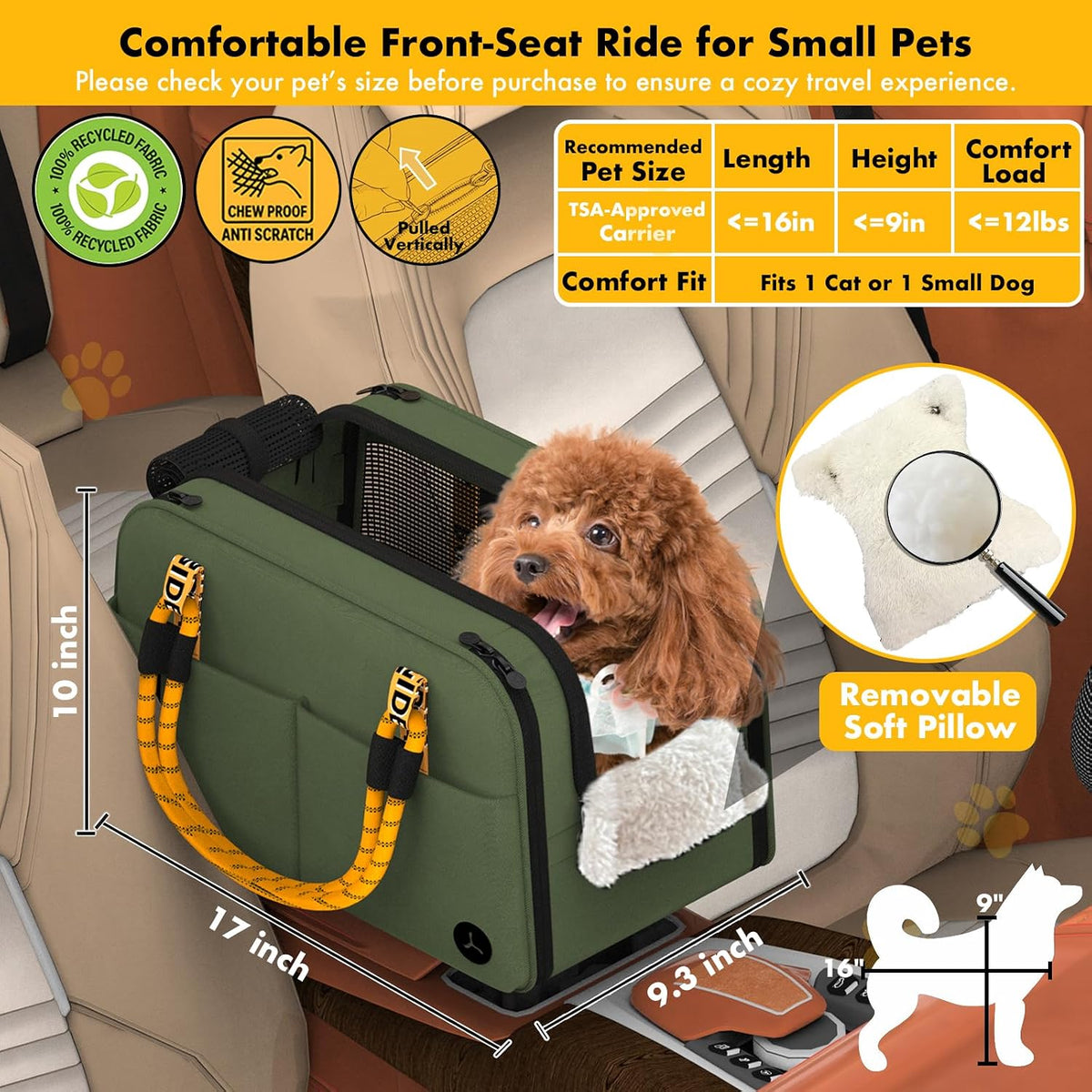 Forest Green console dog seat size guide 43 x 23.5 x 25.4 cm, pets up to 5.45 kg, removable pillow