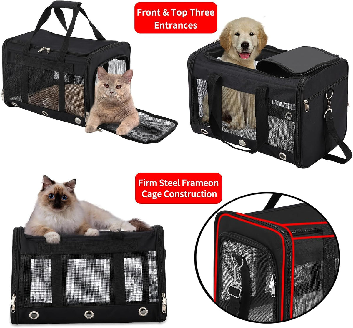 Pet carrier front and top entrances with firm cage construction