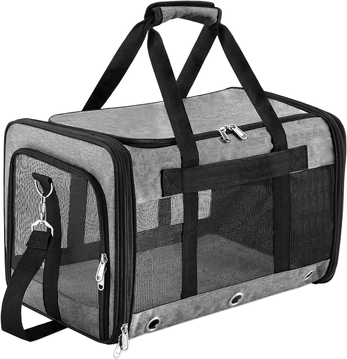 Grey foldable soft-sided pet carrier with breathable mesh windows