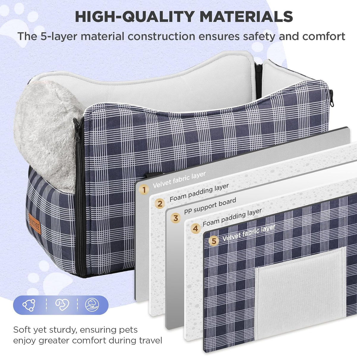 Blue plaid console dog seat multi-layer construction