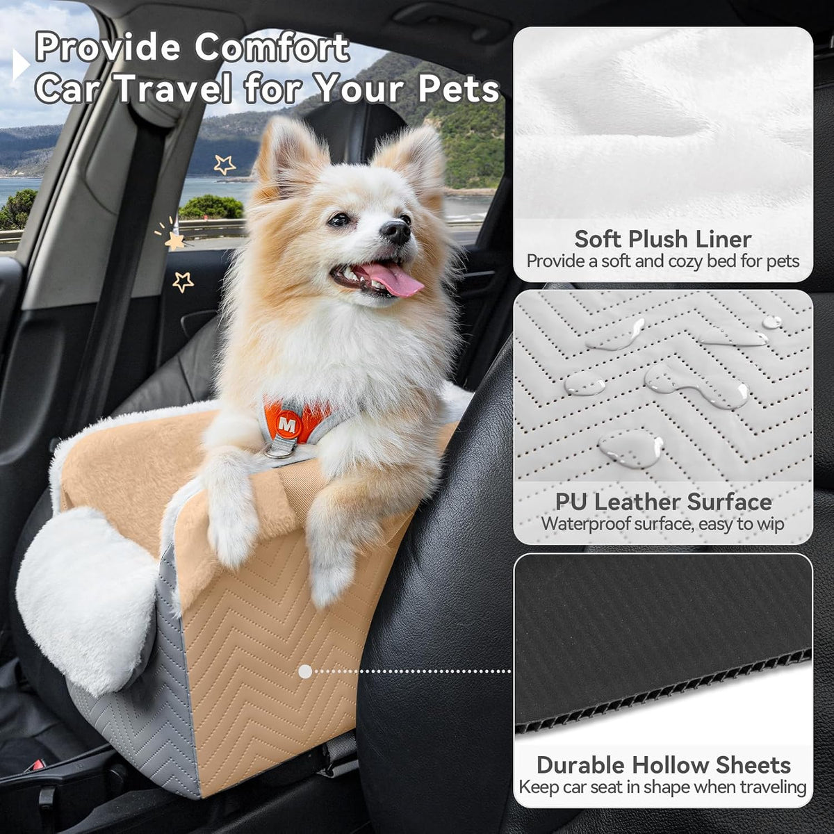 Grey leather console dog seat layers: soft plush liner, PU leather surface, hollow sheets