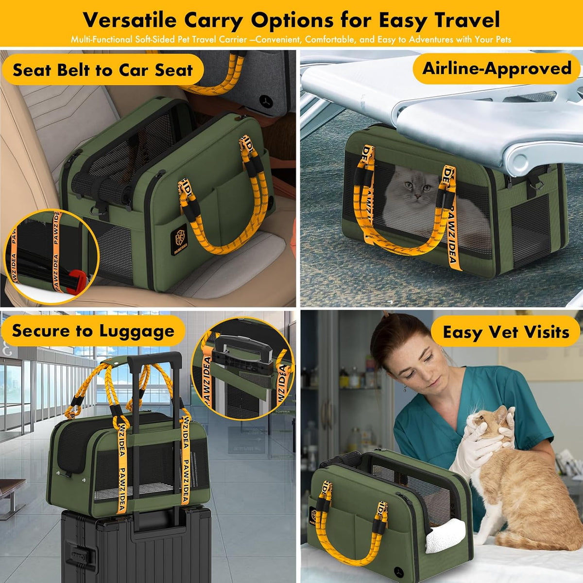 Forest Green carrier as car seat, airline carrier, on luggage and for vet visits