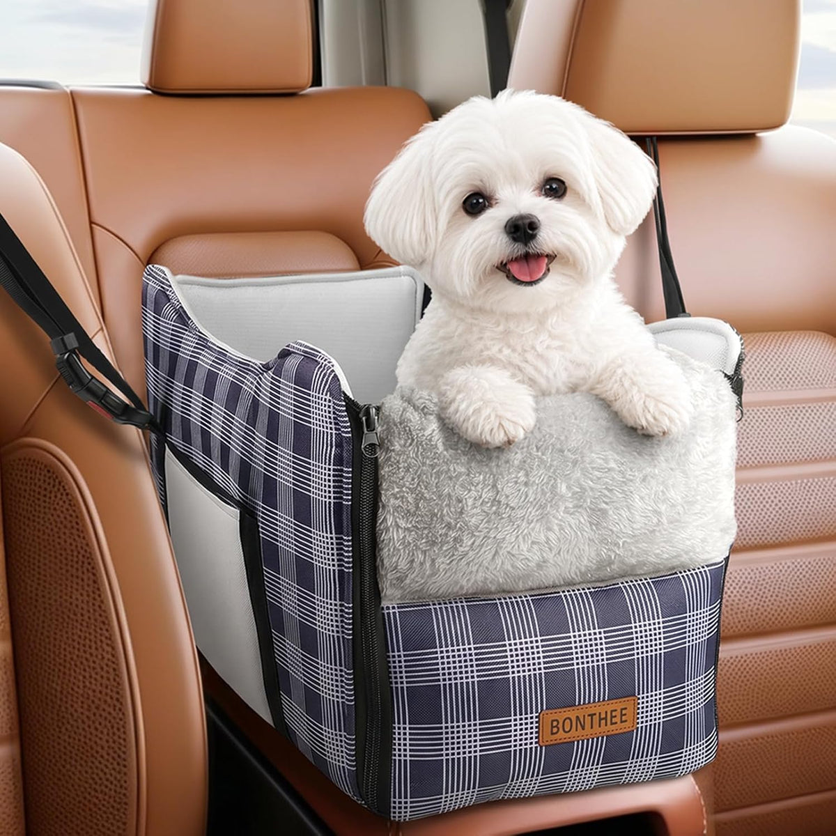Blue plaid centre console dog car seat with small white dog