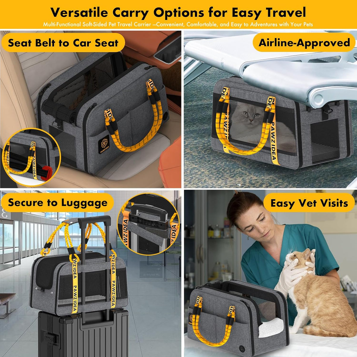 Mid-Hemp Grey carrier as car seat, airline carrier, on luggage and for vet visits